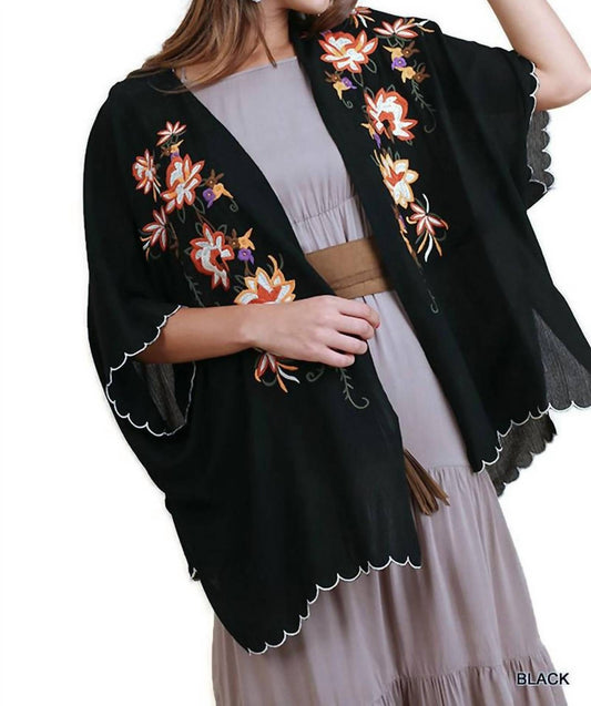 Umgee - Floral Embroided Scallop Hem Kimono