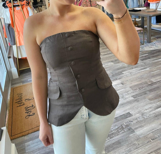 Olivaceous - Strapless Button Up Linen Top