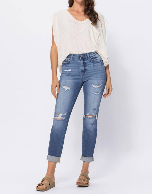 Judy Blue - High Waist Cuffed Distressed Boyfriend Jeans