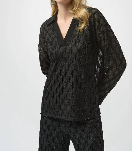 Joseph Ribkoff - V-neck Collared Long Sleeve Top