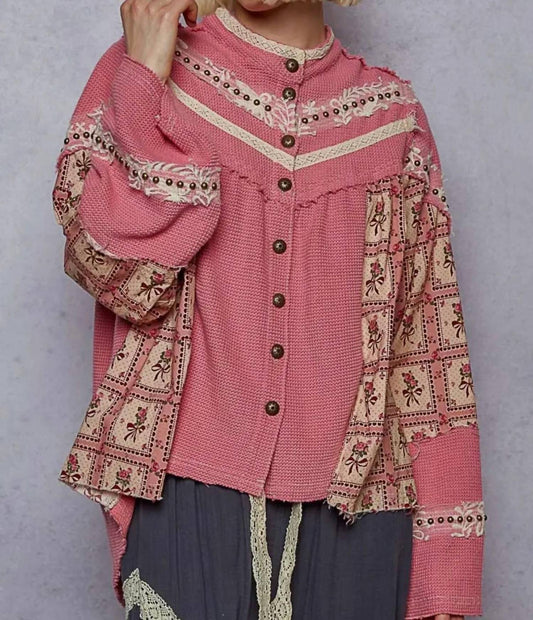 Pol - Printed Contrast Stud Button High Neck Top & Jogger Set