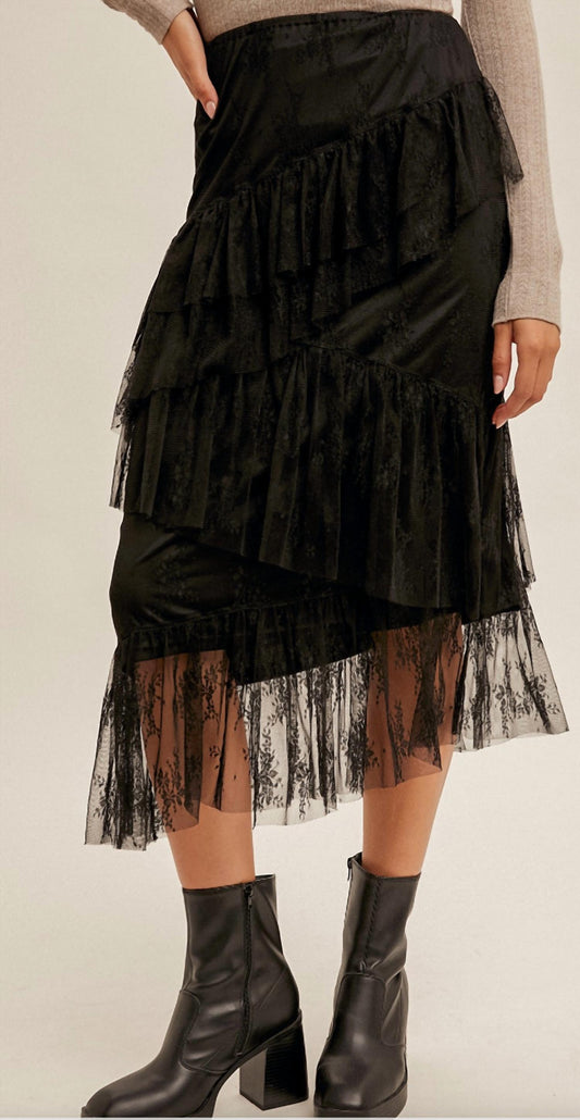 Hem & Thread - Asymmetrical Tiered Lace Midi Skirt