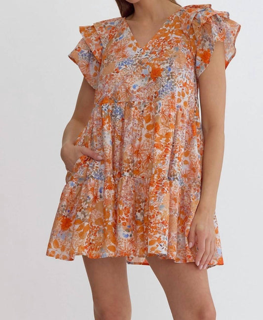 Entro - Ruffle Sleeves And Pockets Floral Mini Dress