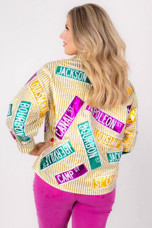 Queen Of Sparkles - Metallic Stripe Nola Street Signs Button Up Top