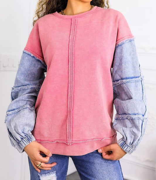 Surelymine - Pink Denim Patch Sleeve Sweatshirt
