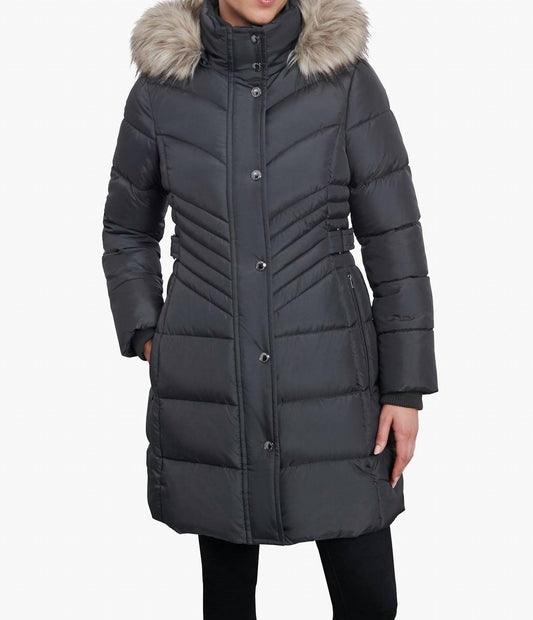 London Fog - Zip-front Long Length Puffer Jacket With Zip-off Fur Trim Hood
