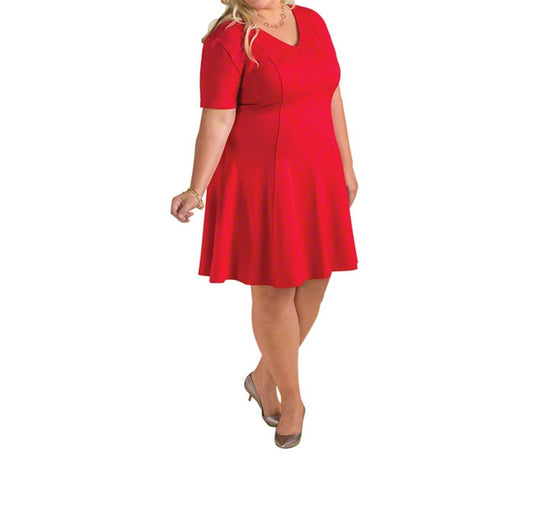 On The Plus Side - Short Sleeve V-Neck Ponte Fit And Flare Dress - Plus Size