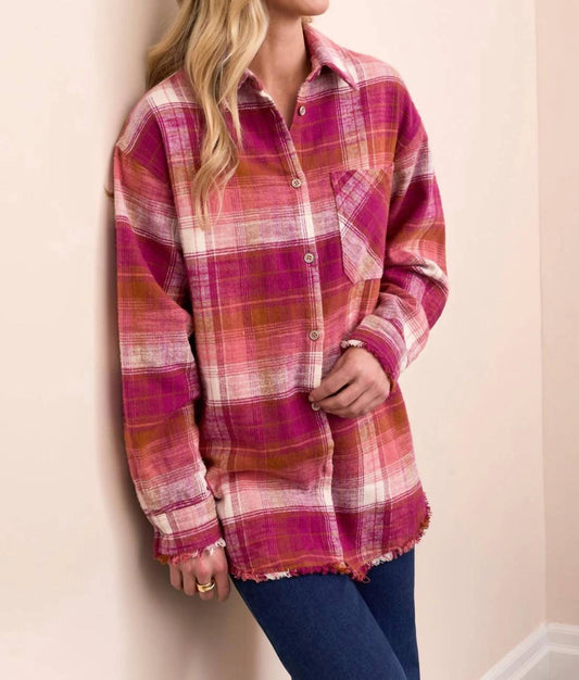 Tribal - Oversized Flannel Fringed Hem Shirt