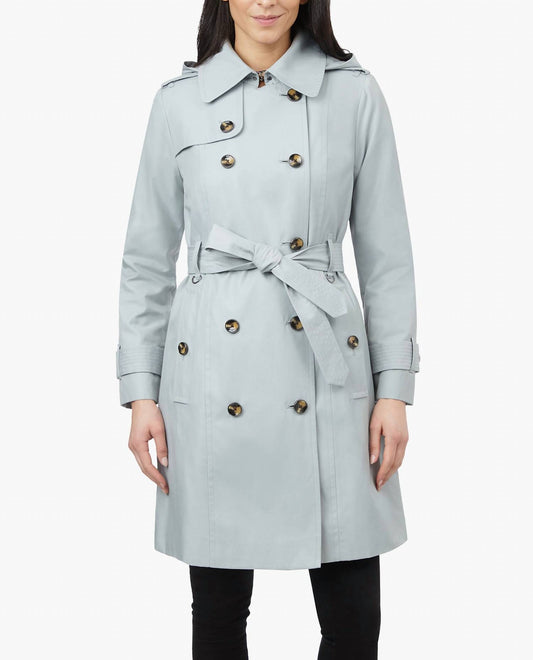 London Fog - Double Breasted Hooded Trench Coat With Waist Belt
