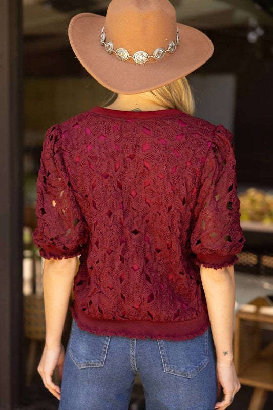 Voy - Elastic Band Detailed Floral Crochet Top
