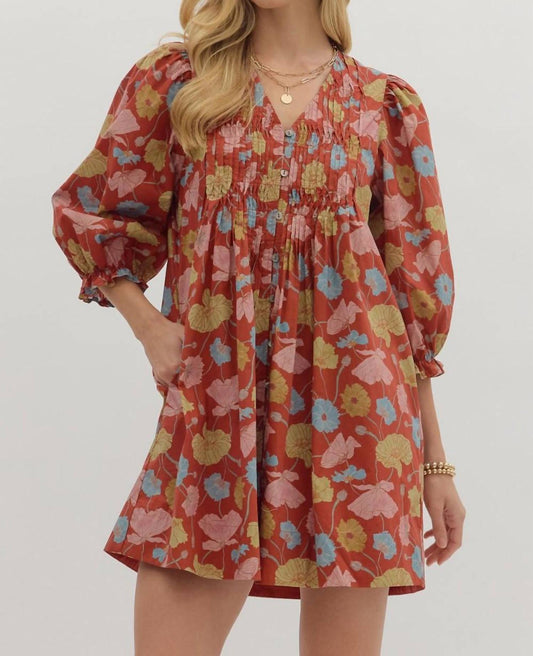 Entro - Botanical Print Puff Sleeve Mini Dress