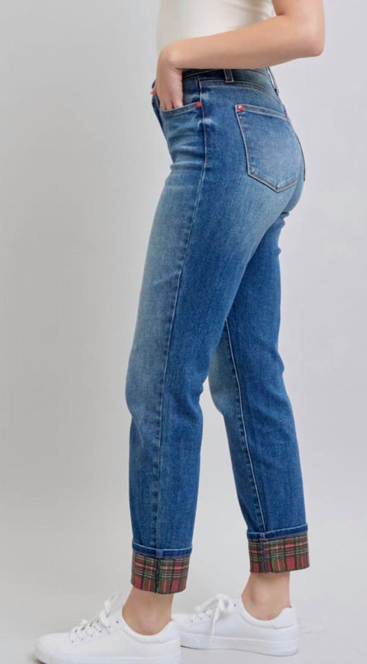 Judy Blue - Plaid Print Cuff Boyfriend Jean