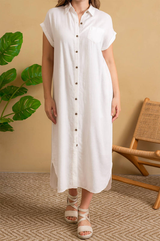 Paparazzi - Linen Blend Solid Midi Shirt Dress