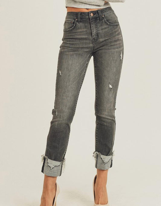 Risen - Mid Rise Frayed Cuff Ankle Straight Jeans