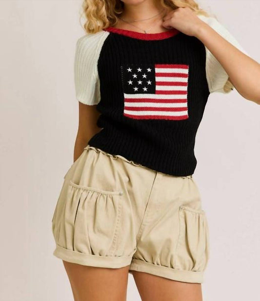 Le Lis - "USA Flag " Raglan Short Sleeve Crewneck Ribbed Sweater Top