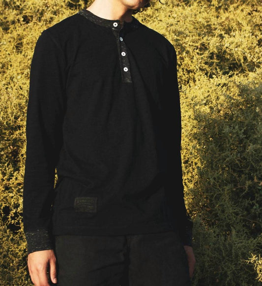 Zimego - Men's Long Sleeve Contrast Button Placket Neck Cuffs Henley Shirt