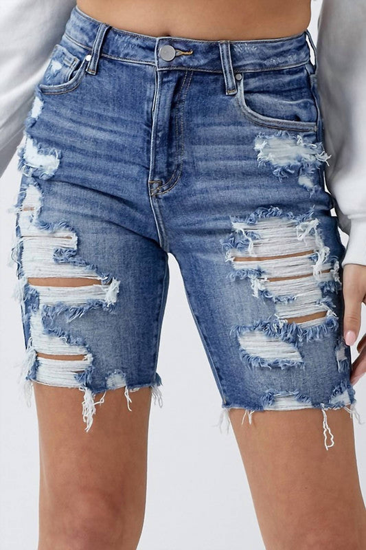 Risen - High Rise Distressed Bermuda Shorts