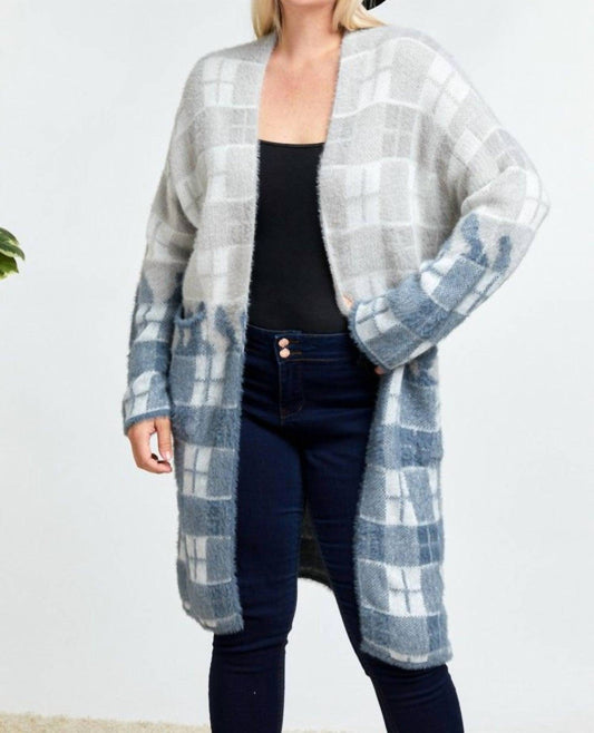 Davi & Dani - Color Block Plaid Pattern Long Cardigan