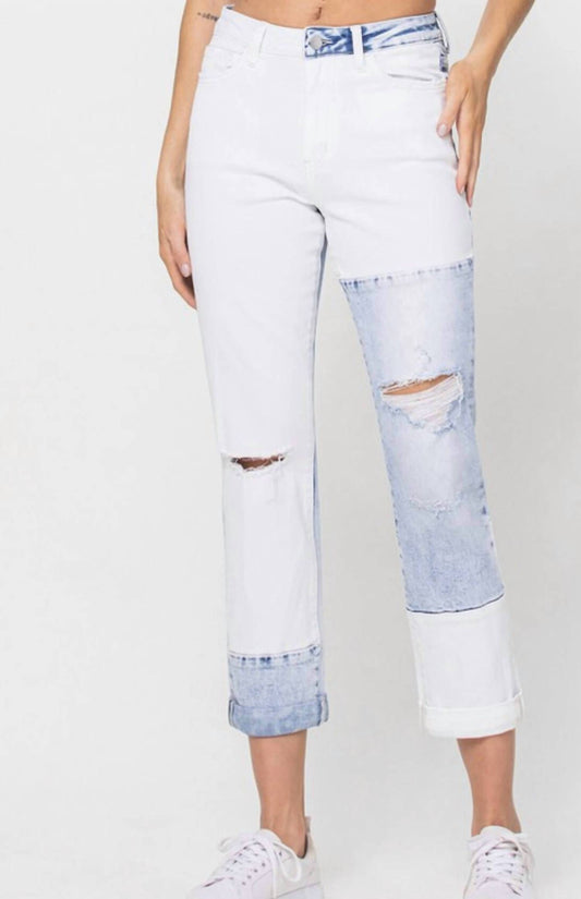 Flying Monkey - Color Block Rolled Cuff Boyfriend Jeans