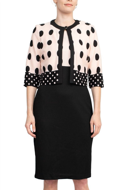Danny & Nicole - Crew Neck Sleeveless Polka Dot Dress With Pocket Jacket Set