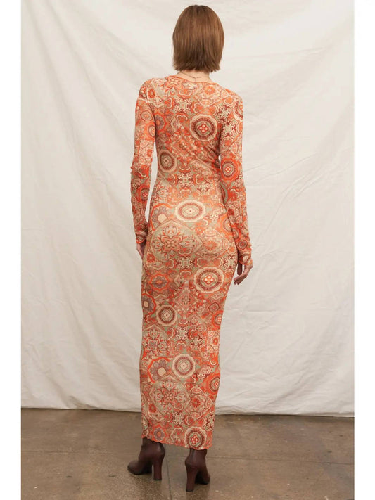 En Creme - Mesh Printed Long Sleeve Maxi Dress