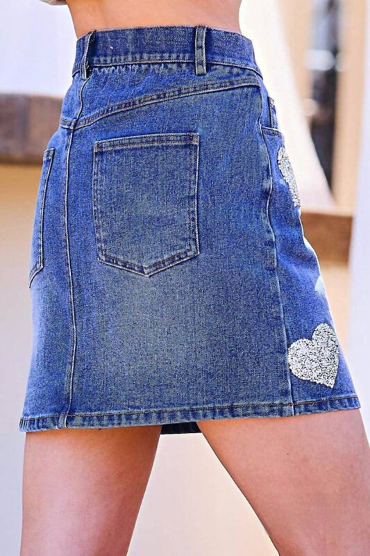 Mainstrip - Abbey Sequined Hearts Denim Mini Skirt
