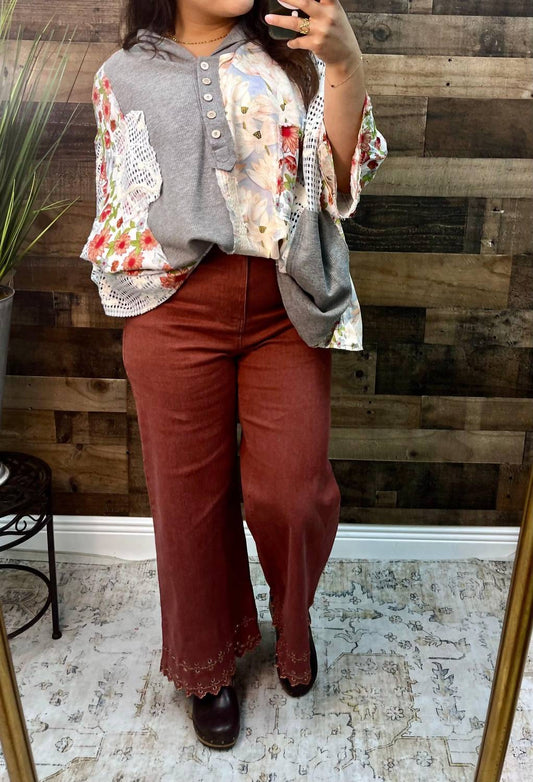 Pol - Half Placket Mixed Fabric Boxy Top