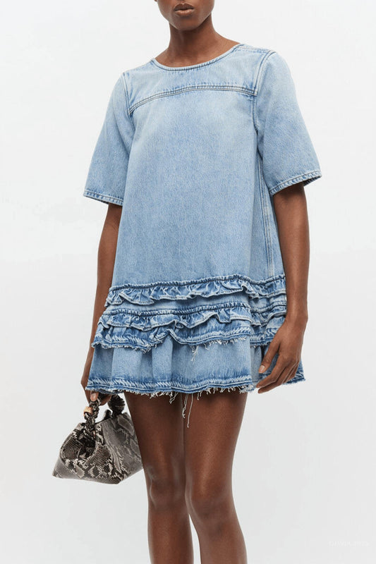 Ganni - Denim Frill Mini Dress