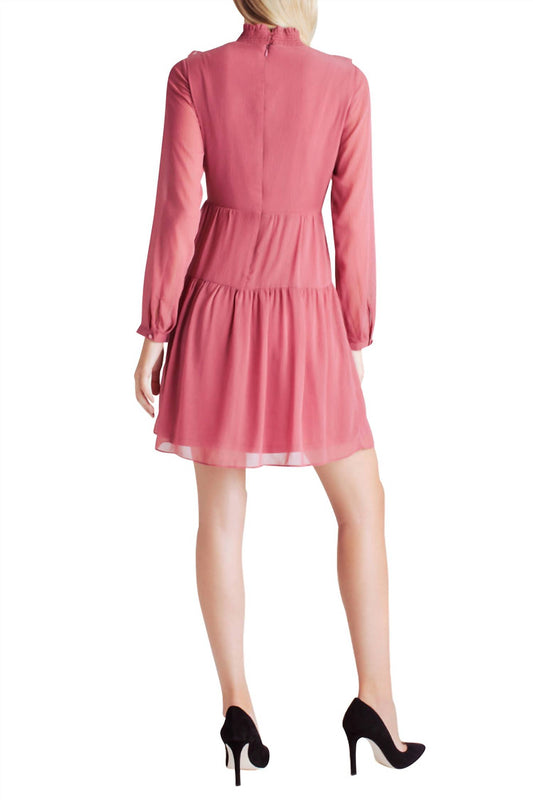 Kensie - Crinkle Chiffon Long Sleeve Ruffle Front Mock Neck Dress
