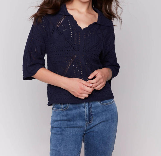 Charlie B - Three Quarter Sleeves Sweater In Pointelle Design