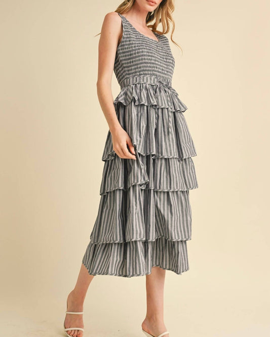 &Merci - Multi Stripe Smocked Bodice Layered Midi Dress