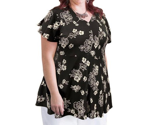 On The Plus Side - Printed Short Sleeve Baby Doll Top - Plus