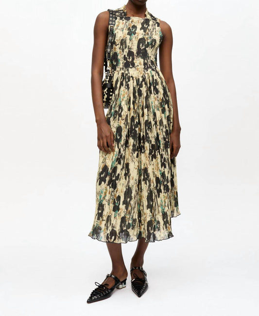 Ganni - Printed Pleats Smock Midi Straps Dress