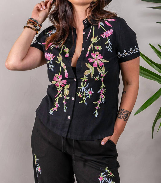 Paparazzi - Embroidered Linen Blend Short Sleeve Shirt