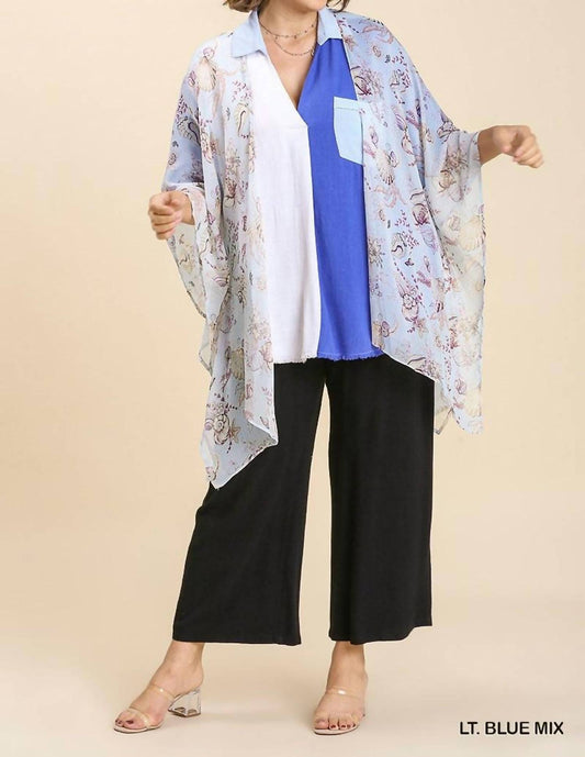 Sheer Mixed Print Kimono With Side Slit