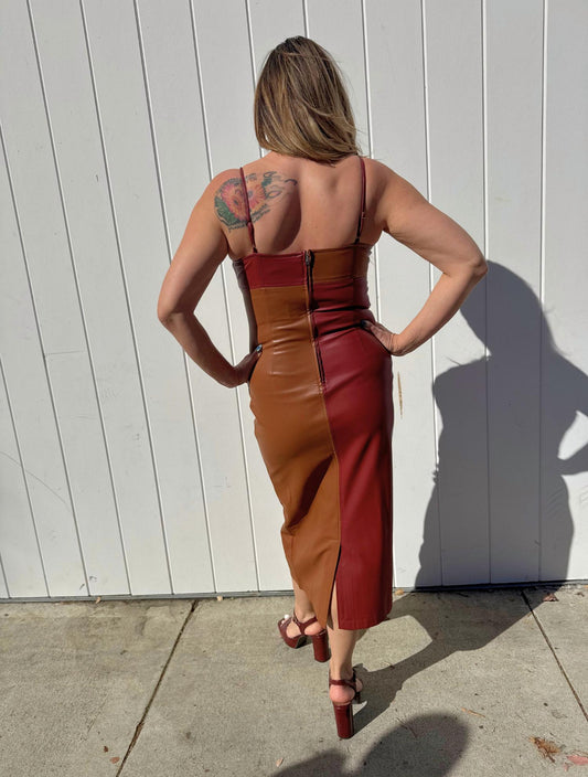 Crescent - Alix Color Block Vegan Leather Midi Dress