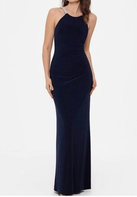 Betsy & Adam - Long Halter Neck Sleeveless Gown With Rhinestone Straps