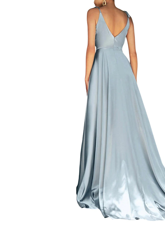 Cinderella Divine - Flowy Satin V-neck A-line Gown With Leg Slit