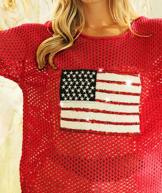Bibi - Sequin American Flag Patch Open Knit Cover Up