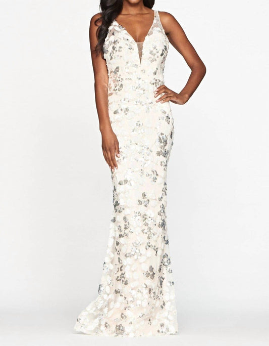 Faviana - Long V-Neck Sequin-Pattern Prom Dress