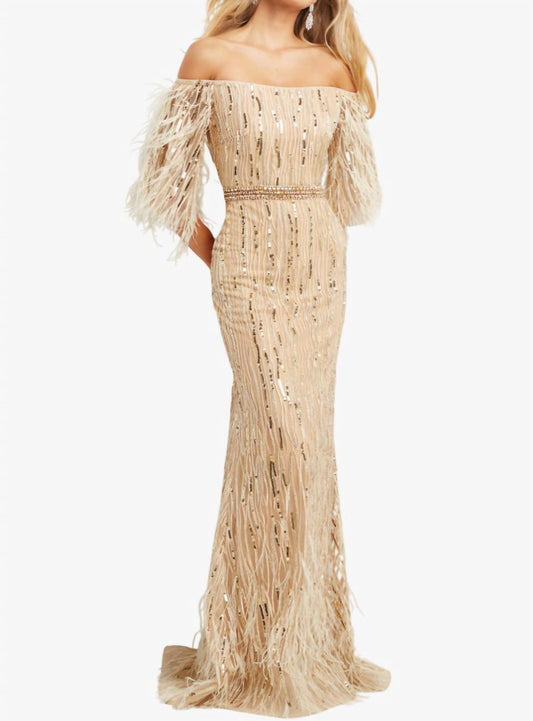 Jovani - Off The Shoulder Feather Dress