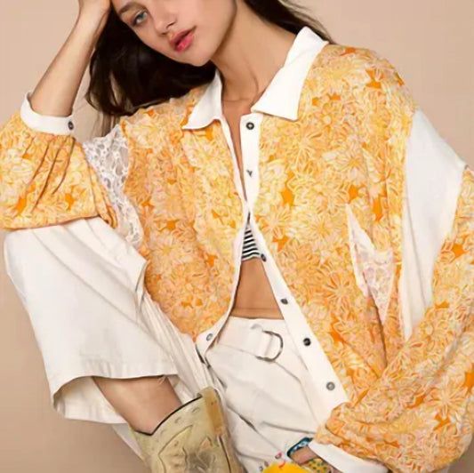 Pol - Floral Print Contrast Gauze Button Down Shirt