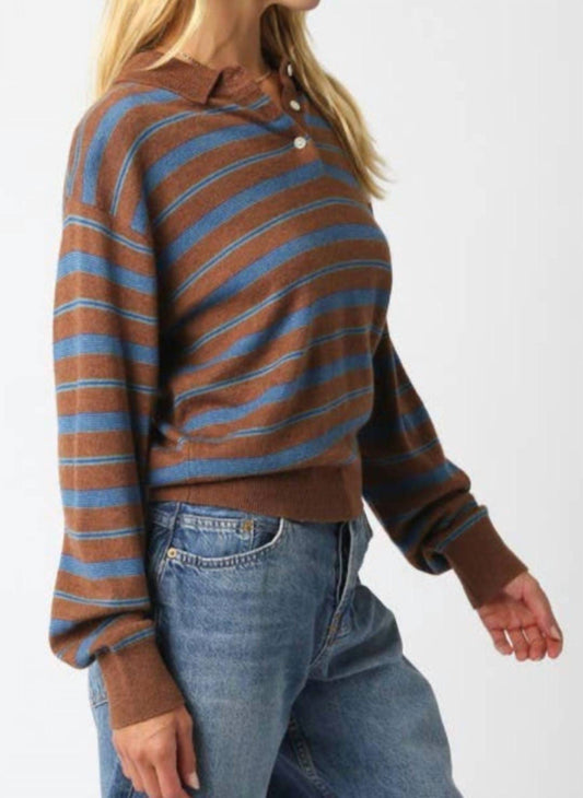 Olivaceous - Stripe Knit Collared Sweater