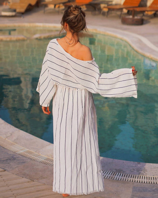 Moa - Striped Side Slit Cotton Maxi Skirt