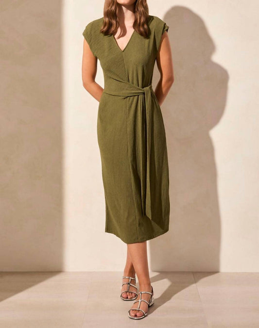 Tribal - Textured Short-Sleeve Midi Dress With Front Tie