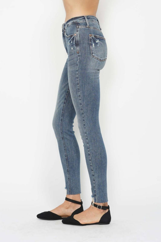 Judy Blue - High Waist Tummy Control Vintage Wash Destroyed Hem Skinny Jeans