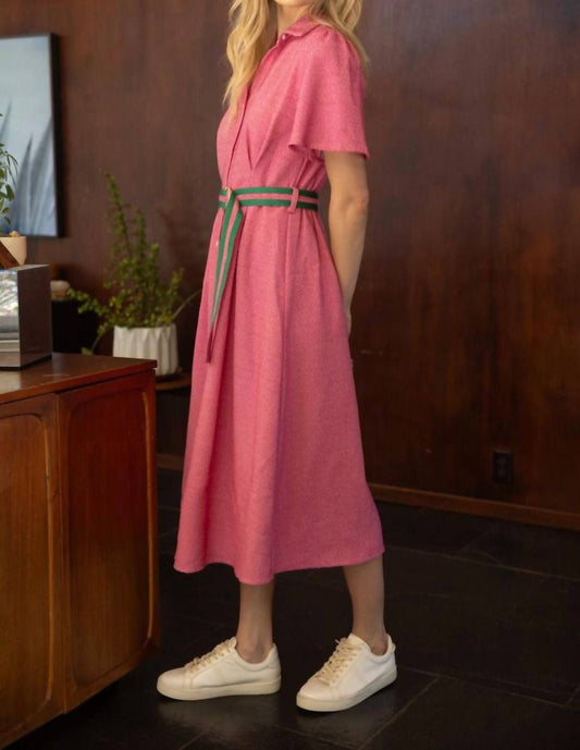 Voy - Short Sleeve Contrast Belt Tweed Dress