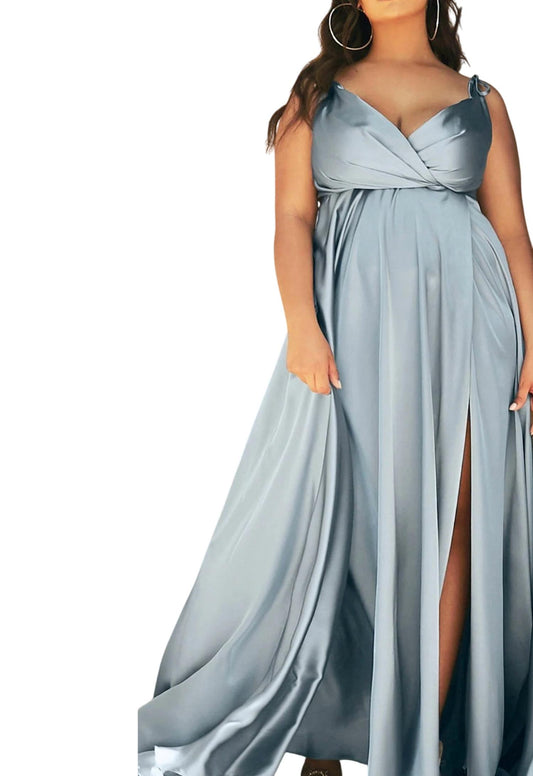 Cinderella Divine - Flowy Satin V-neck A-line Gown With Leg Slit