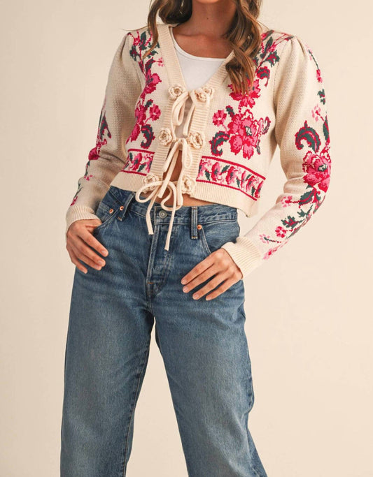 &Merci - Floral Knit Tie-front Cropped Sweater Cardigan