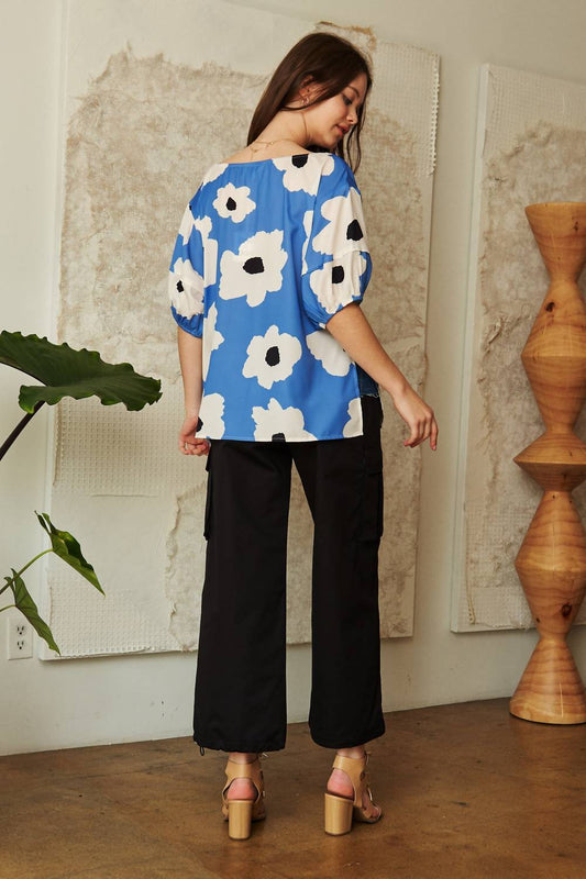 Davi & Dani - Floral Tie Front Puff Short Sleeve Blouse